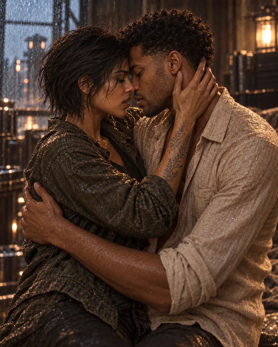A man and a woman close together in the rain, foreheads touching, in SOLD