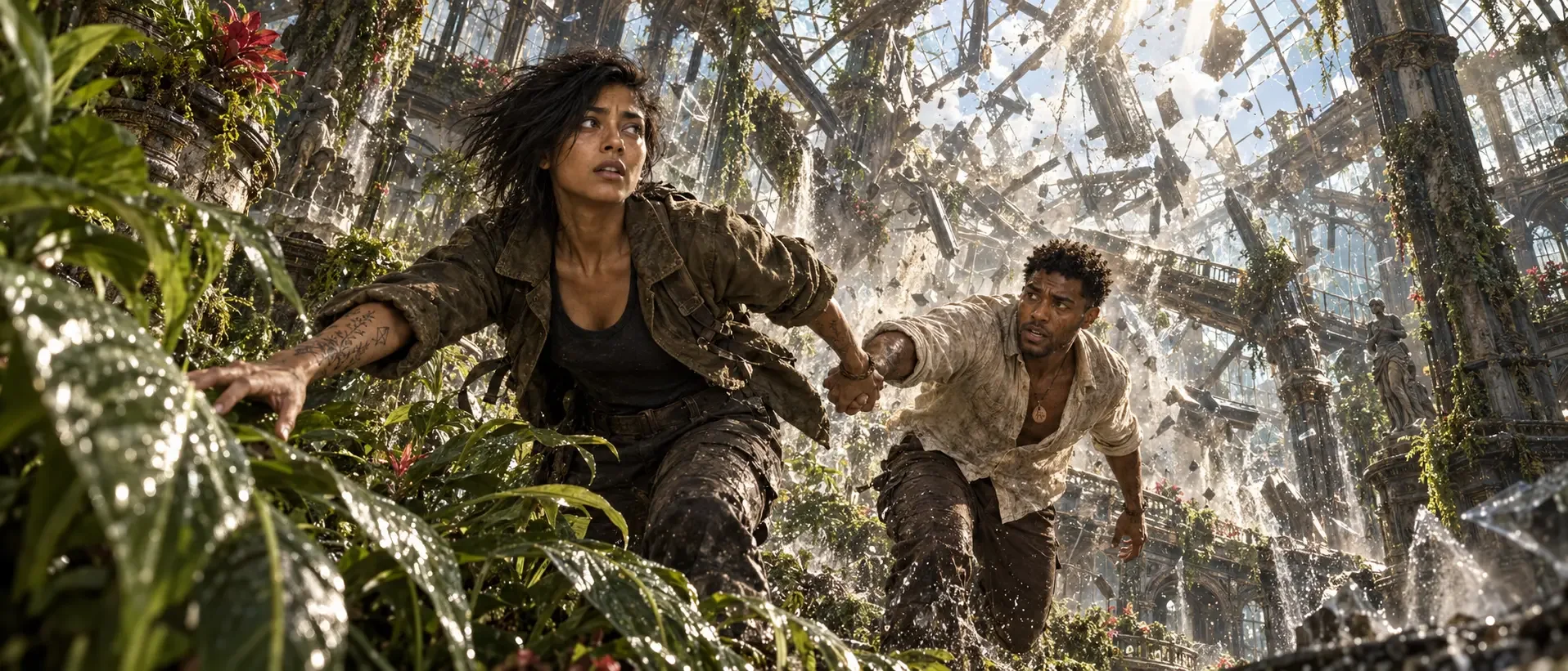 Nova and Gypsy run hand in hand through a shattering glass conservatory in SOLD