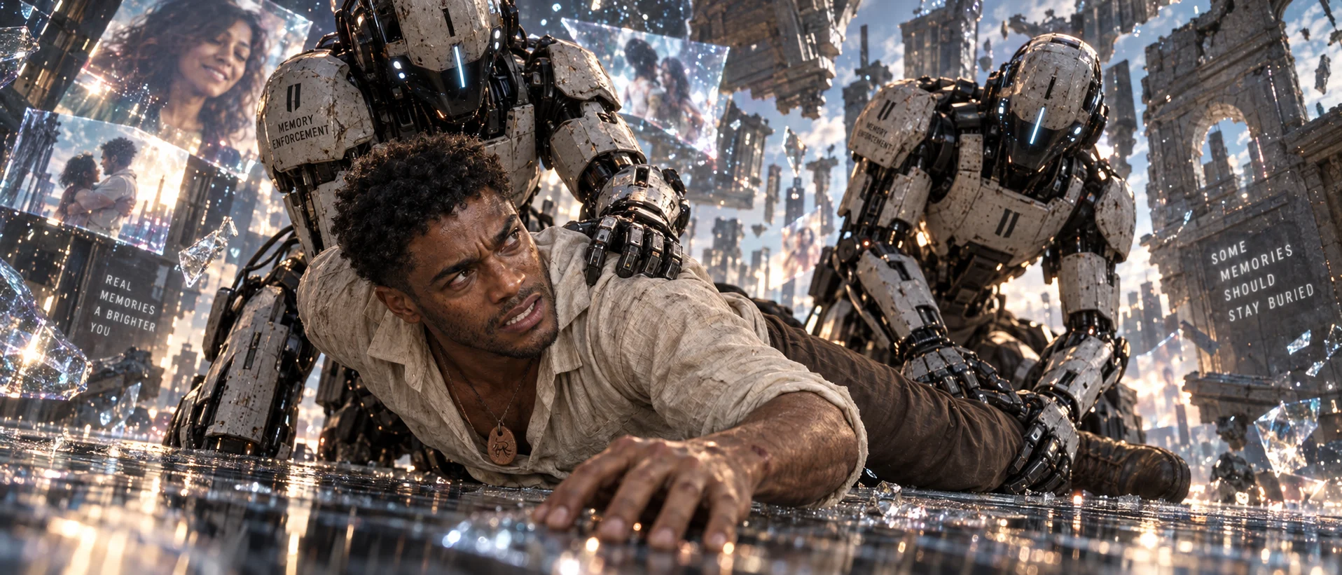Memory Enforcement officers pin a man face-down among floating ruins and holographic memory fragments in SOLD