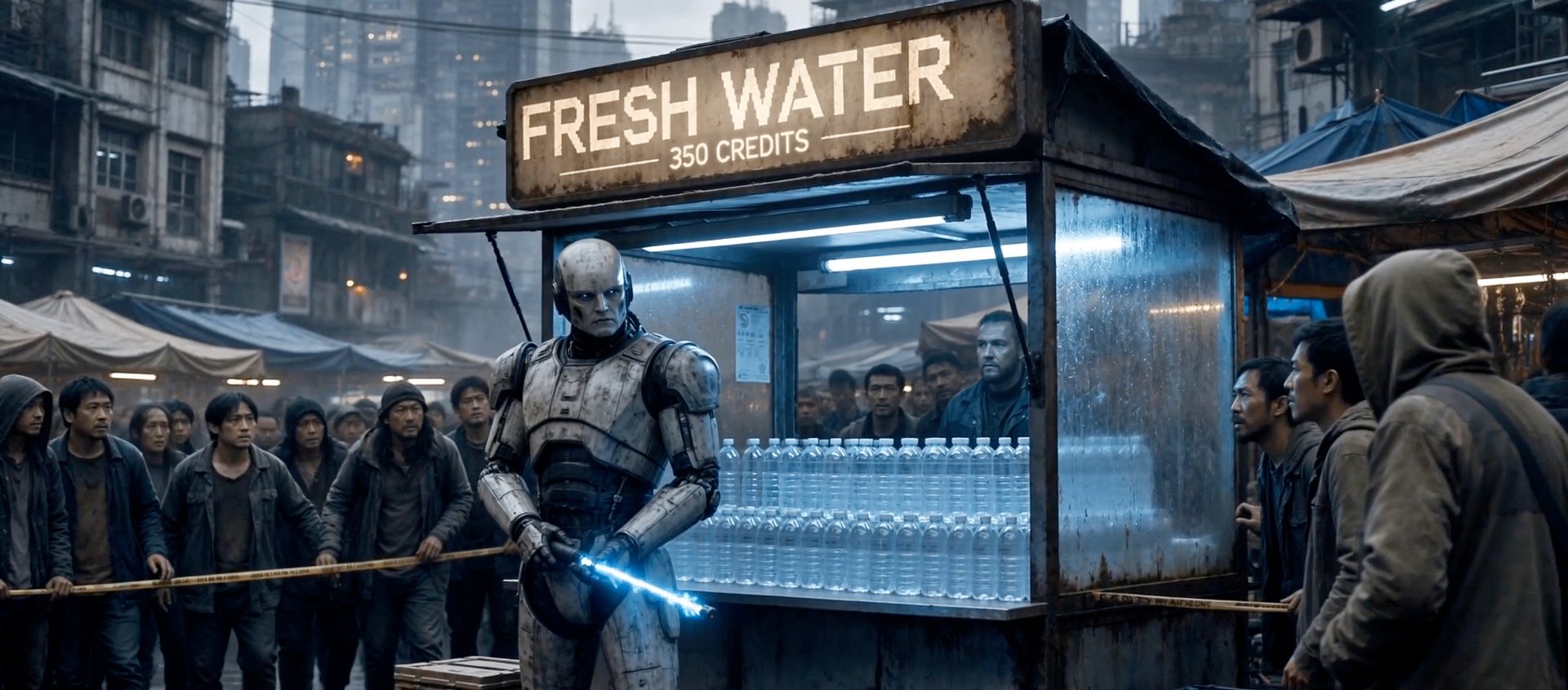 An armed enforcer guards a fresh-water kiosk priced in credits as a crowd waits behind a rope in SOLD