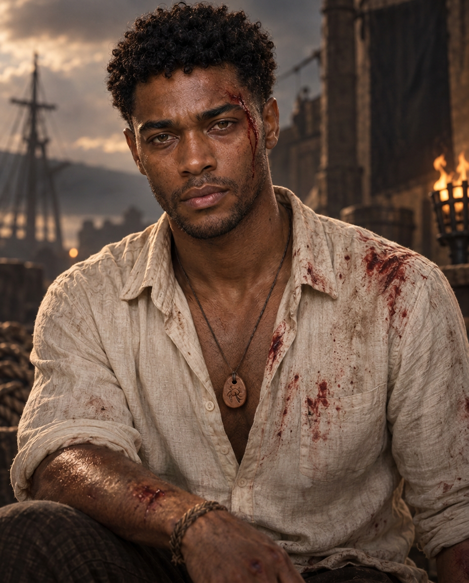 Gypsy, bloodied and dust-covered in a linen shirt, seated on a dockside at dusk in SOLD